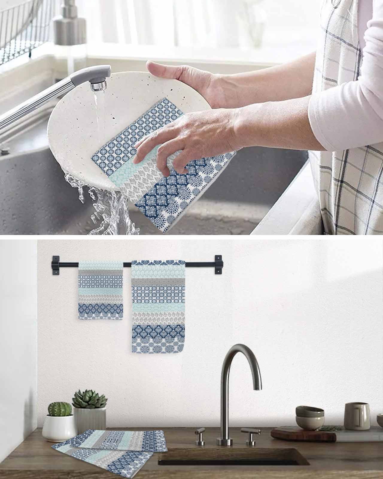 Boho Blue Aqua Kitchen Dish Towels for Drying Dishes Set of 4, Geometric Stripes Tribal Bohemia Retro Waffle Weave Microfiber Terry Hand Tea Bathroom Towels Quick Dry & Absorbent Towel 15.7x23.6
