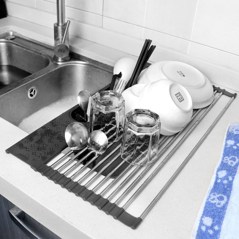 Kitchen Sink Shelf Table Top Retractable Dish Rack With Door Dish