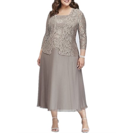 Plus Size Women 2 Pieces Dress Set Lace Cardigan Suit