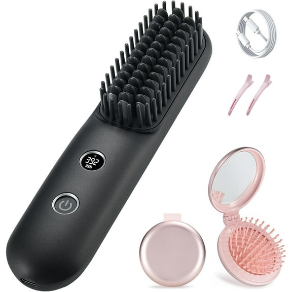Foldable Mirror Brush Mini Portable Travel Cordless Negative Ionic Hair Straightener Brush and Curler 2 in 1 - Hot Comb Pink