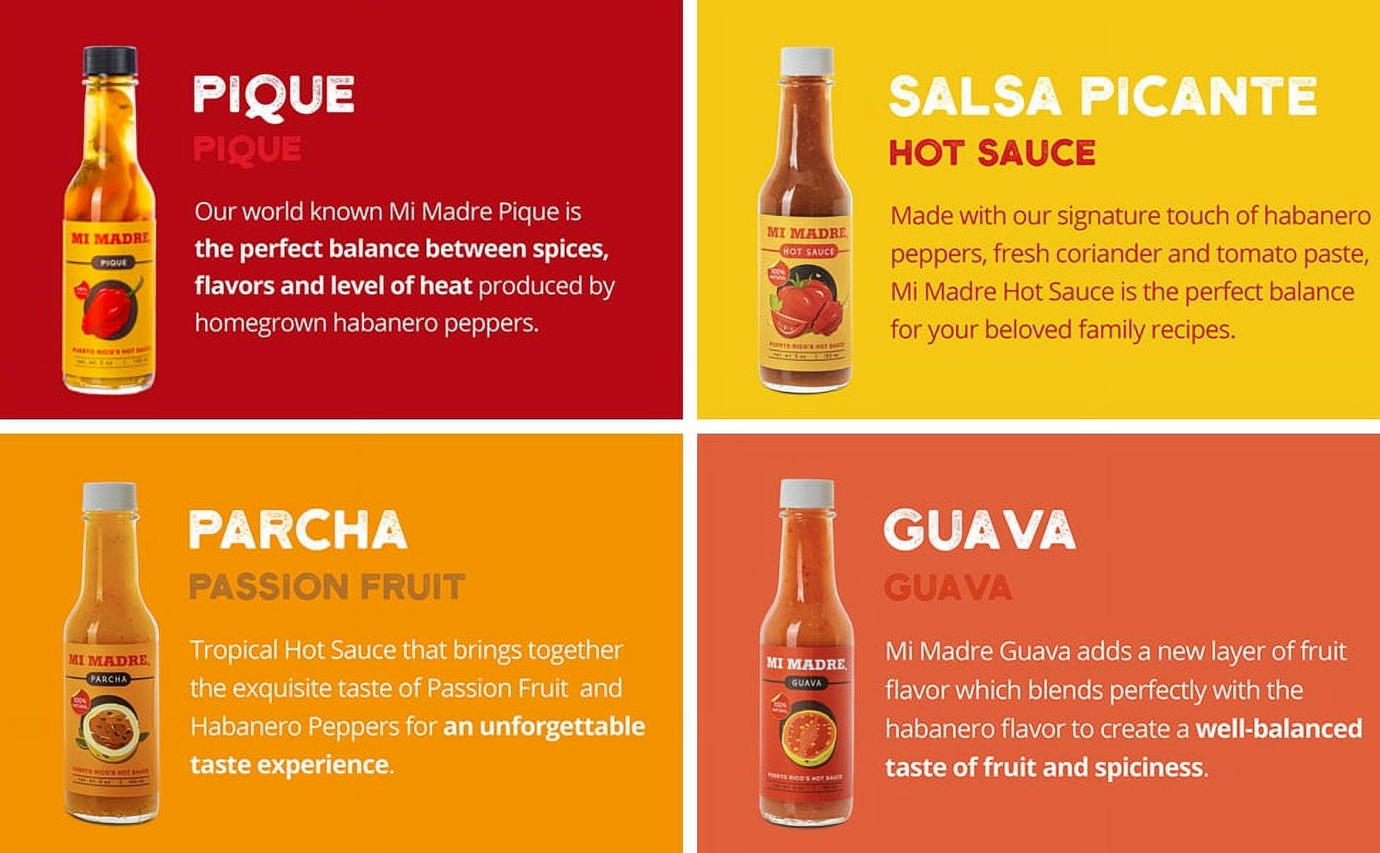Mi Madre Hot Sauce from Puerto Rico, Four Flavor Variety, Pique, Passion Fruit, Guava, and Tomato, 5 Ounce (Pack of 4)