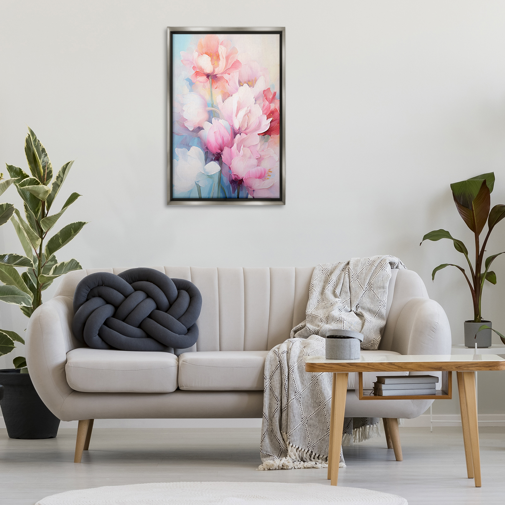 Stupell Industries Soft Tulip Blossoms Botanical & Floral Painting Gray Floater Framed Art Print Wall Art, 21 x 31