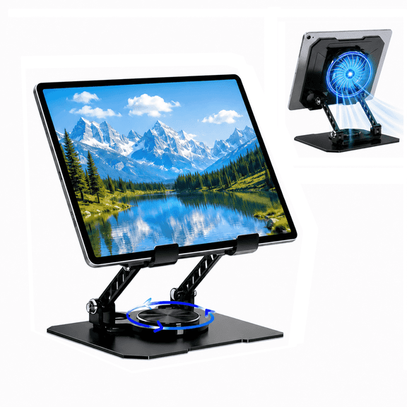 TIKBBRMG Tablet Stand for ipad Desk Stand Holder with Quiet Cooling Fan, Adjustable Universal Tablet Holder with Multi Angle Aluminium Alloy, 360° Swivel Base Compatible with Galaxy Tab, Black