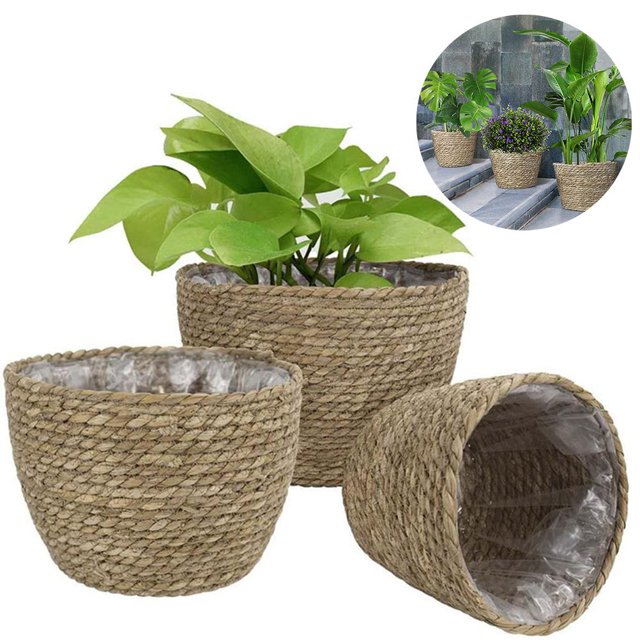 Cesta De 3 Uds Para Maceta, Cesta De Almacenamiento De Paja Hecha A Mano, Cesta Tejida Transpirable Duradera Para Dormitorio, Baño Y Oficina seitruly HA035531-00