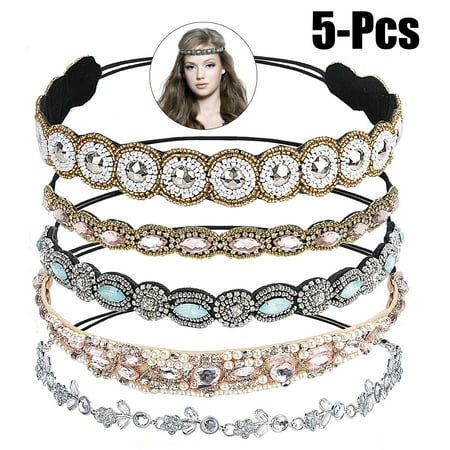 Justdolife 5PCS Rhinestone Headband Fashionable Handmade Crystal Hair Band Wedding Bridal Bohemian Gatsby Headband Headwrap for Women