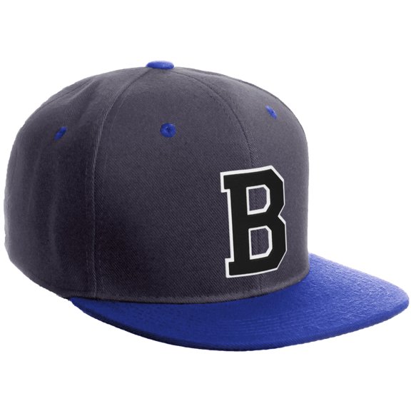 Daxton Classic Snapback Hat Custom A to Z Initial Varsity Letters, Charcoal Royal Hat White Black Letter B