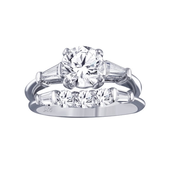 Rhodium Plated 925 Sterling Silver Clear Baguette Bridal Ring Set White Cubic Zirconia Female Size 9