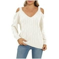 thumbnail image 2 of Qetyuw Cable Knitted Sweater for Women Off Shoulder V Neck Long Sleeve Pullover Jumpers Solid Color Open Back Casual Sweaters, 2 of 6