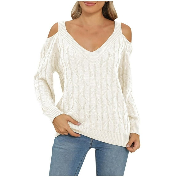 hotojiny Oversized Sweaters for Women Deep V Neck Long Sleeve Knit Cold Shoulder Sweater Loose Tunic Pullover Tops