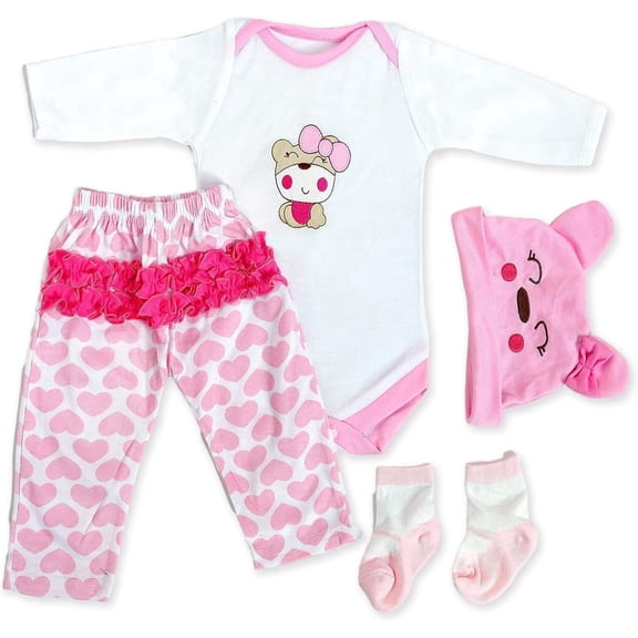 Reborn Baby Dolls Girl Clothes for 17-24inch Outfits Accesories (Pink Bear 4pcs Set)