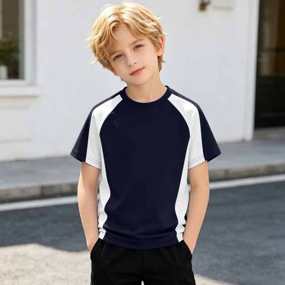 Boys Short Sleeve T-Shirts Kids Summer Color Block Tops (Navy 8-9)