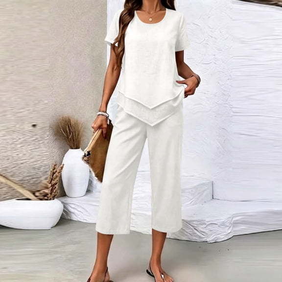 Cagogo Women's 2 Piece Set Summer Outfits Loose Short Sleeve Crew Neck Tops Wide Leg Crop Pants Matching Lounge Sets Tracksuits Travel Airport Clothes, White XL