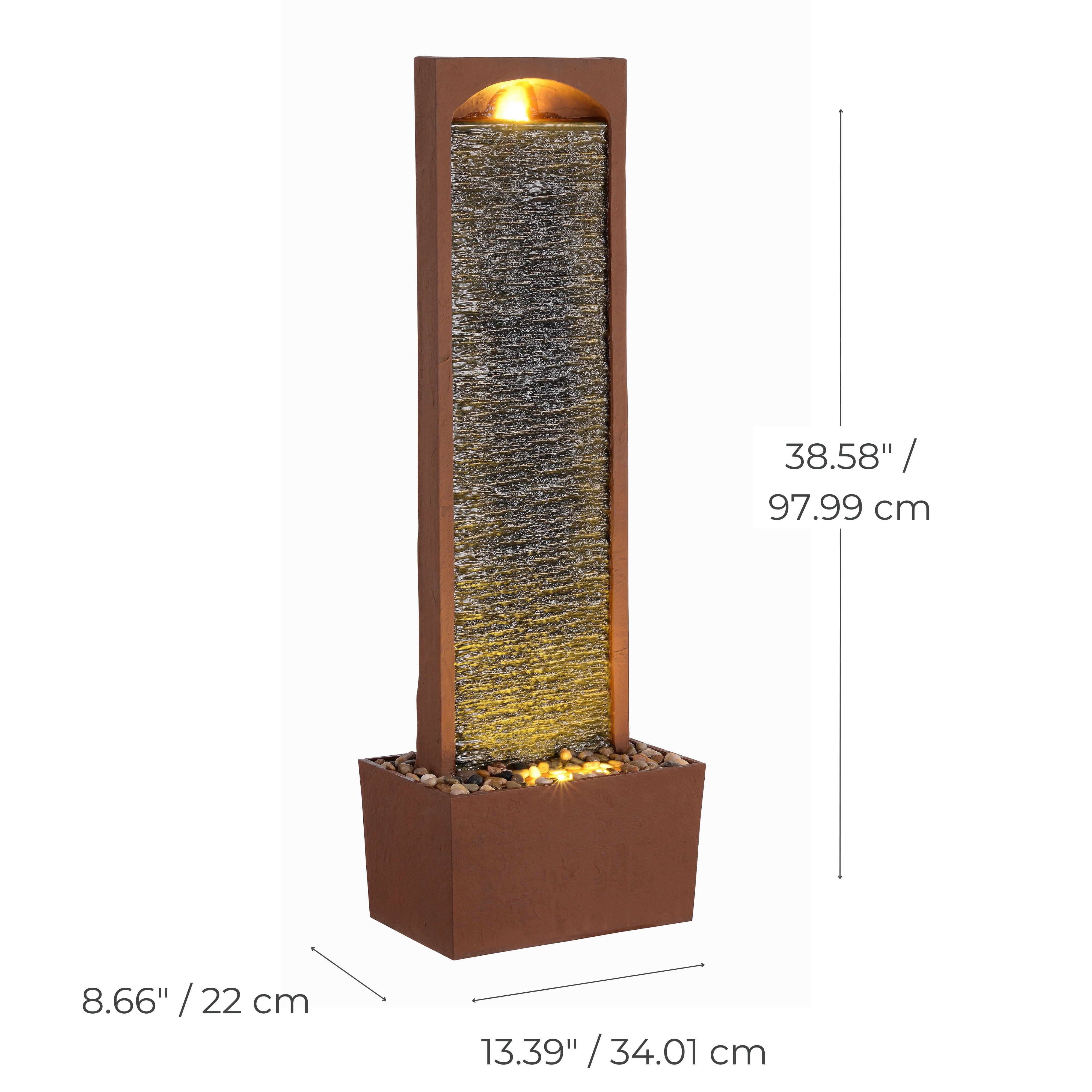 Teamson Home 38.5" Faux Slate Contemporary Outdoor LED Waterfall Fountain with Pebble Base, Red Rock