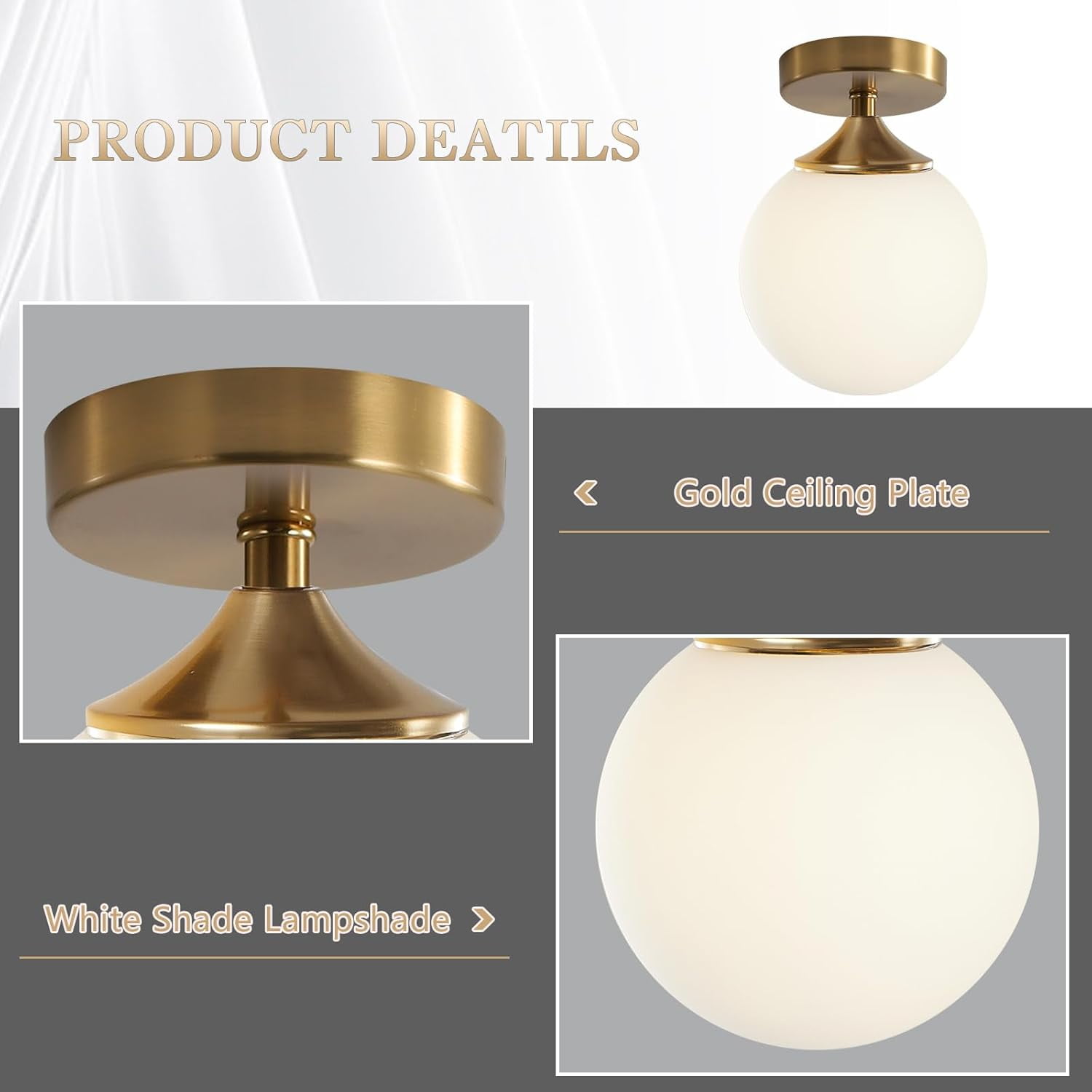 KCO Lighting Milk Glass Globe Semi Flush Mount Ceiling Light Mid Century Modern Gold Ceiling Lamp