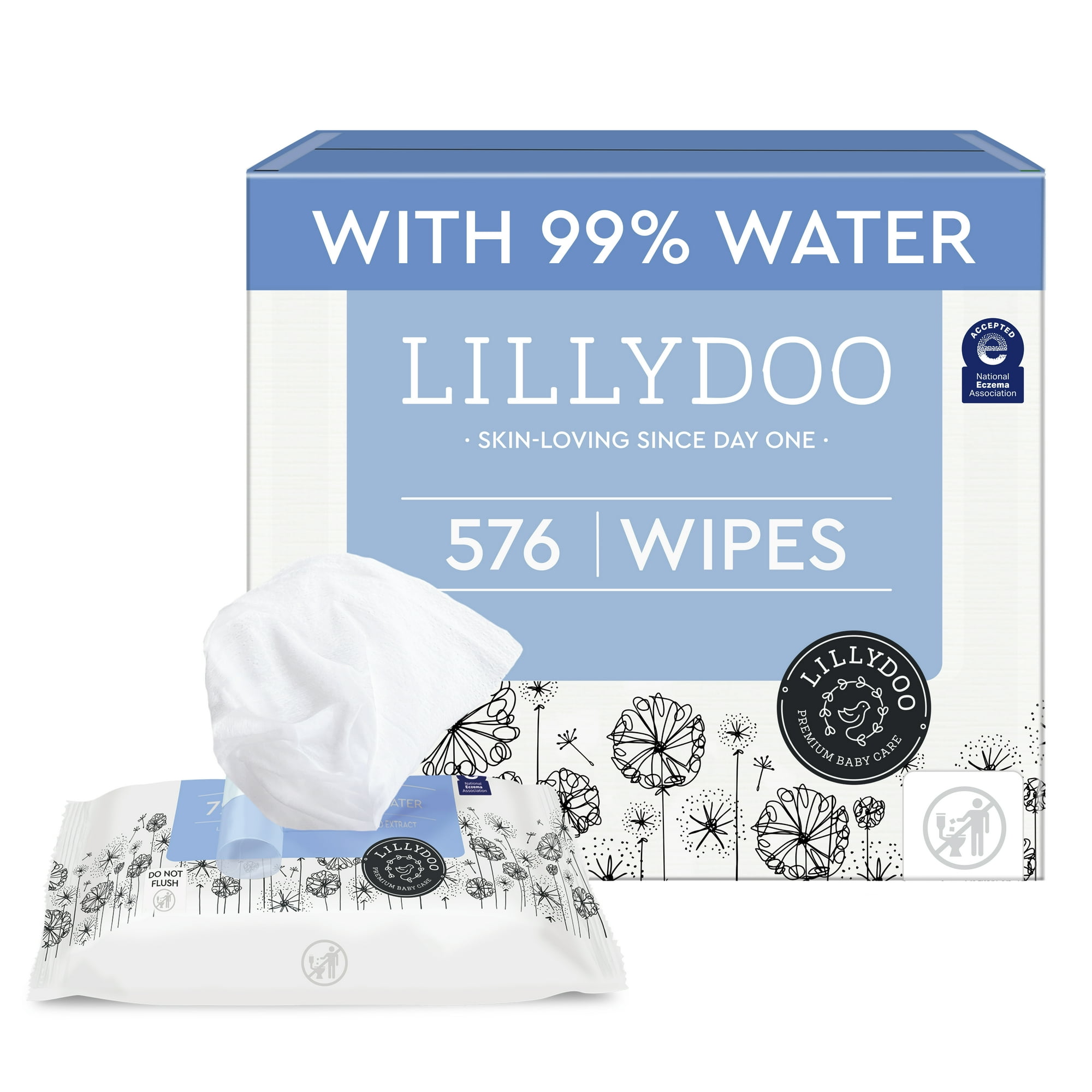LILLYDOO Baby Wipes 99% Water, Sensitive, Unscented & Plastic-Free, 8 Packs (576 Wipes)