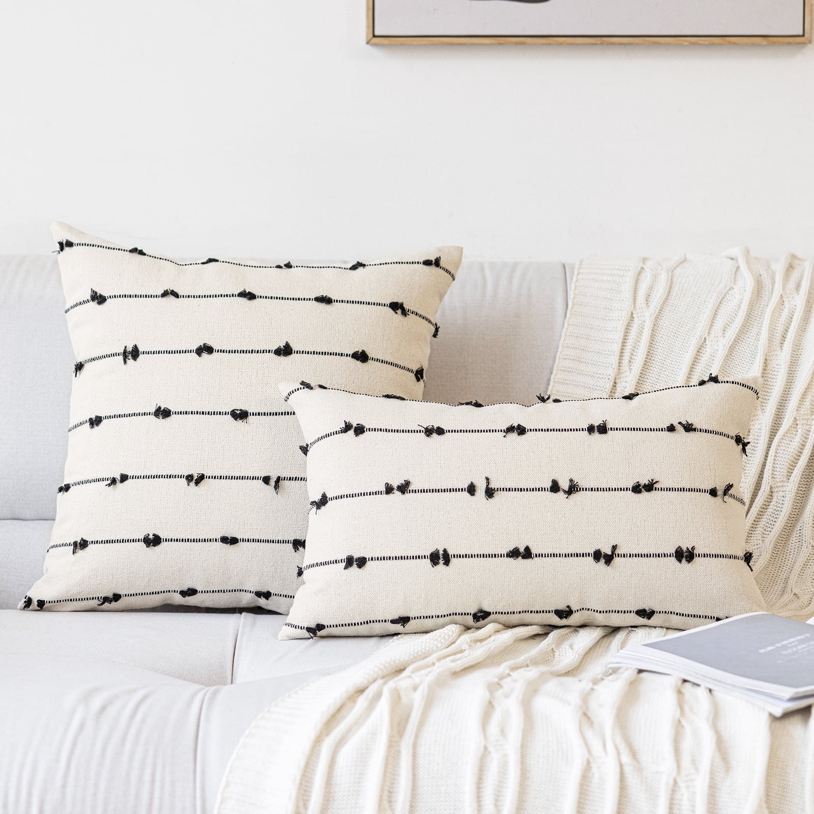 Skodaer Boho Throw Pillow Covers 20"x20" Set of 2 Modern Farmhouse Decorative Cushion Case Tufted Square Pillows Cover Neutral Pillow Cases Accent Pillowcase for Sofa, Couch, Bed,Black