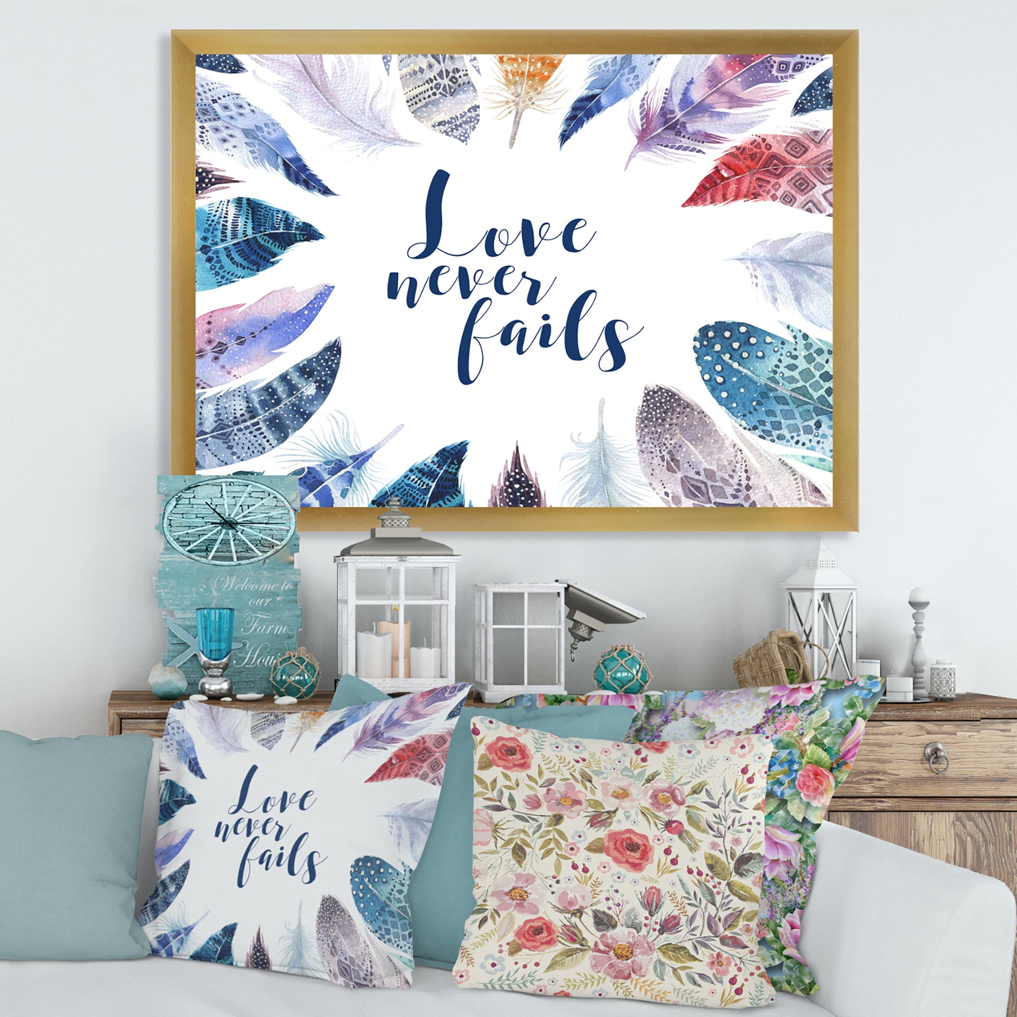 Inspiring Quote With Boho Feathers 20 in x 12 in Framed Painting Canvas Art Print, by Designart