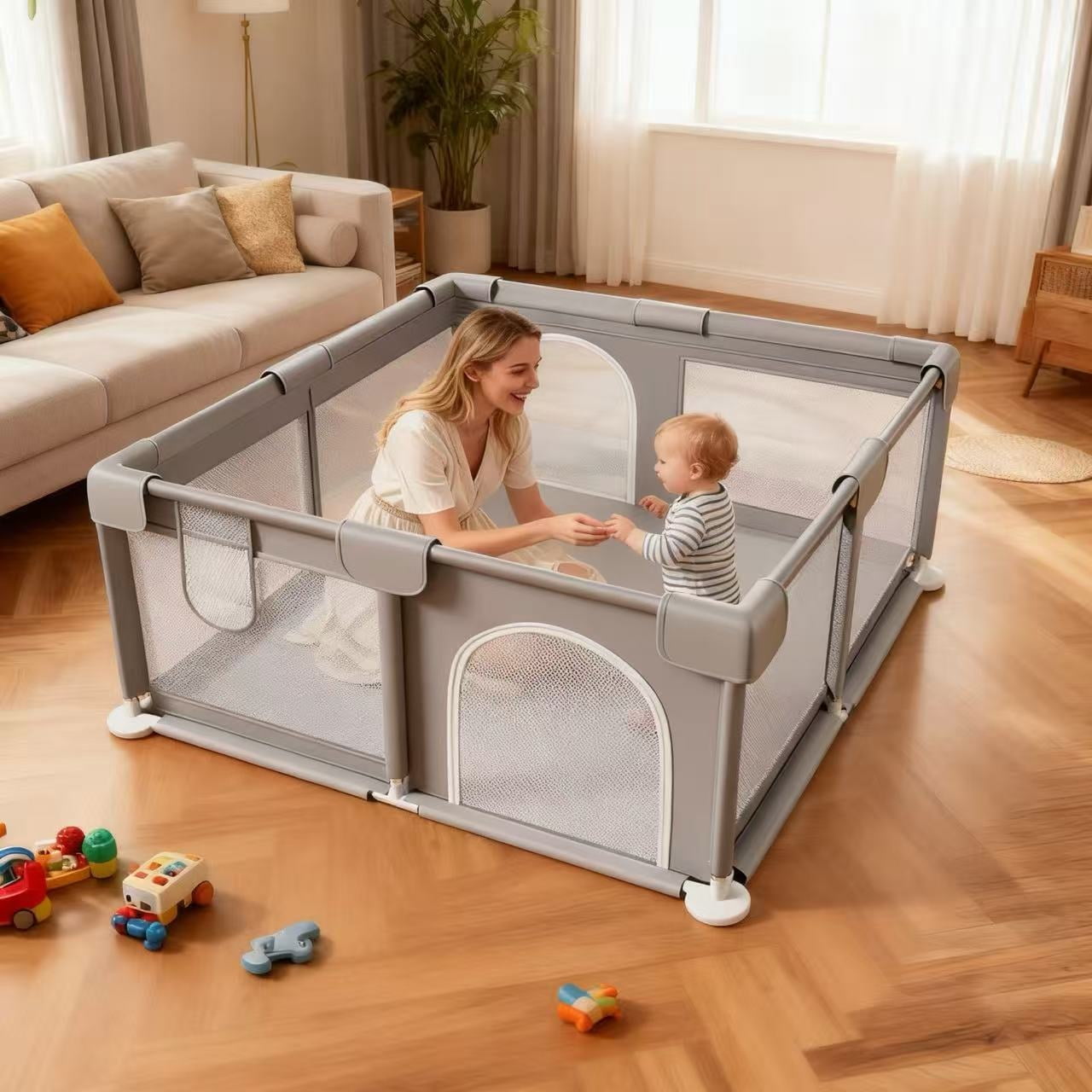 Baby Playpen 47" x 47" for Babies and Toddlers, Portable Play Yard for Indoor & Outdoor Use, Safety Play Area with Soft Mesh Walls & Zippered Door