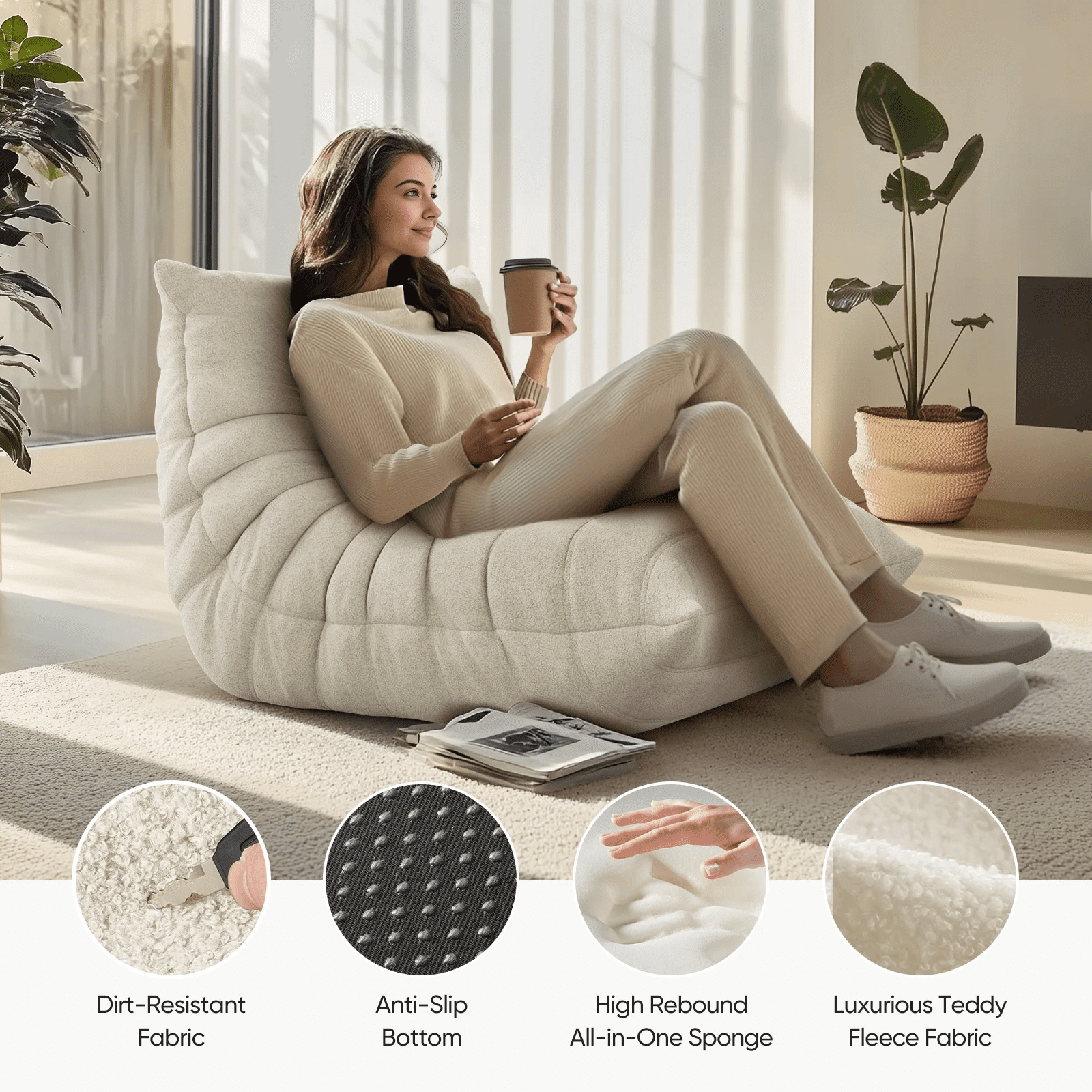 Raffle Pinker Bean Bag Chair for Adults, Comfy Fireside Chair Bean Bag Sofa with Memory Foam, Large Lazy Sofa for Living Room Bedroom Office, White