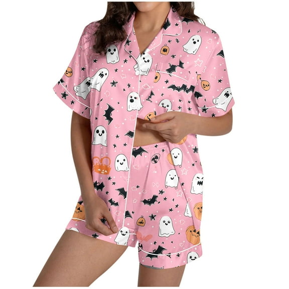 SwiftWear Spooky & Sweet Halloween Pajama Set for Women - Short Sleeve Sleepwear & Lounge Set, Ghost Bat Pumpkin Print Top with Shorts Pink
