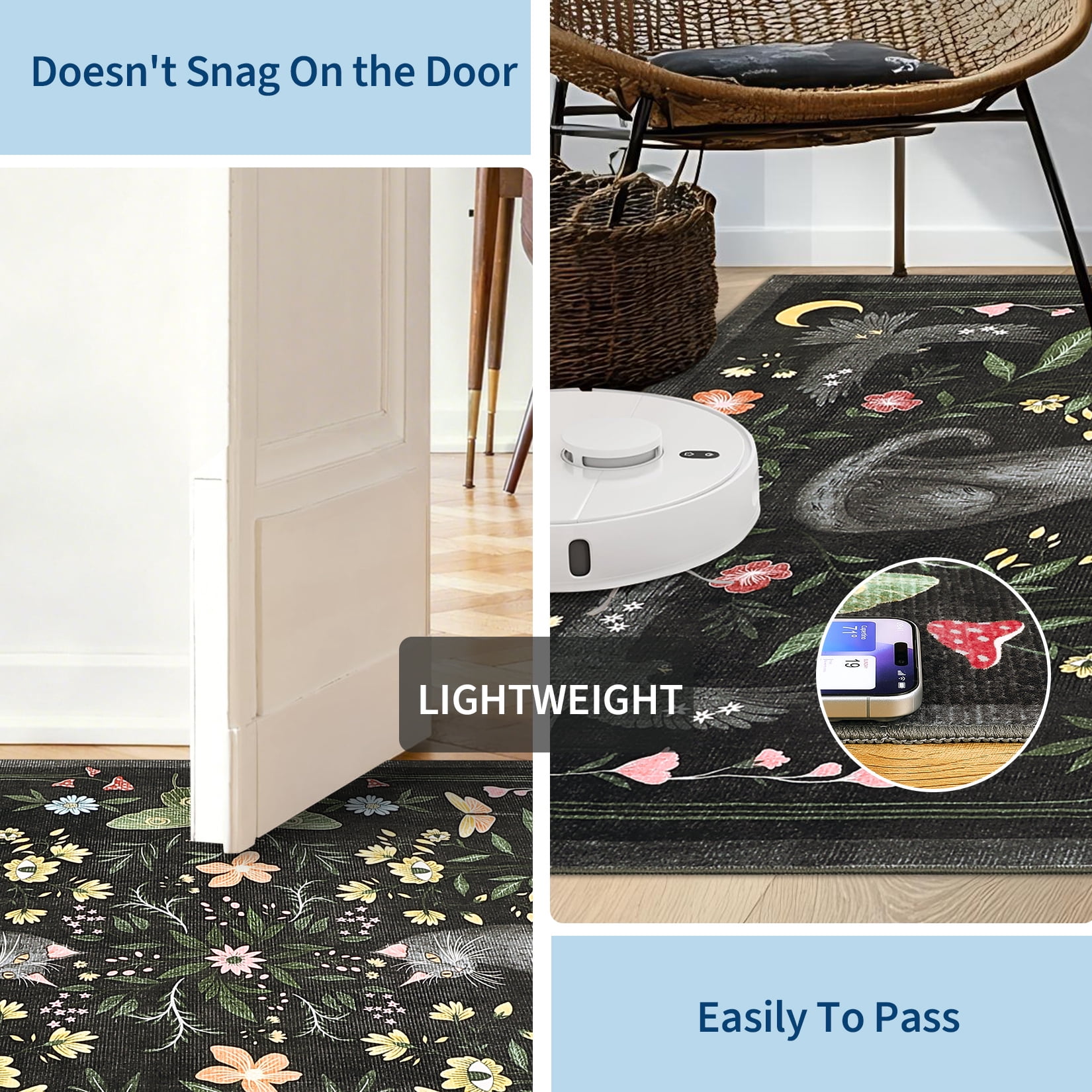 Garvee 5'x7' Boho Area Rug Cat Floral Pattern Carpet, Vintage Washable Rug Non-Slip Indoor Accent Carpet for Living Room Bedroom Home Office, Black