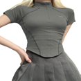 thumbnail image 1 of Femmes Manches Courtes Crop Tops Reverse Edge Couture Patch Stand Col Zip-Up Slim Fit T-Shirts Été Chemises Streetwear, 1 of 7