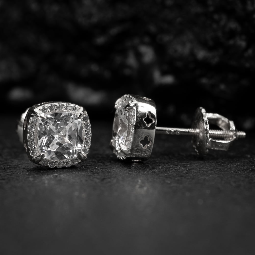 Small White Gold Plated 925 Sterling Silver Women’s Men’s Iced Cushion Cut CZ Halo Flower Cluster Circle Hip Hop Trendy Tiny Unisex Cubic Zirconia Stud Screw Back Earrings