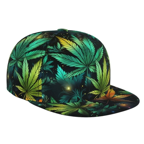 Baseball Cap Flat Bill Hat Adjustable Brim Trucker Hats Snapback , Neon Weed Psychedelic Leaves Starry