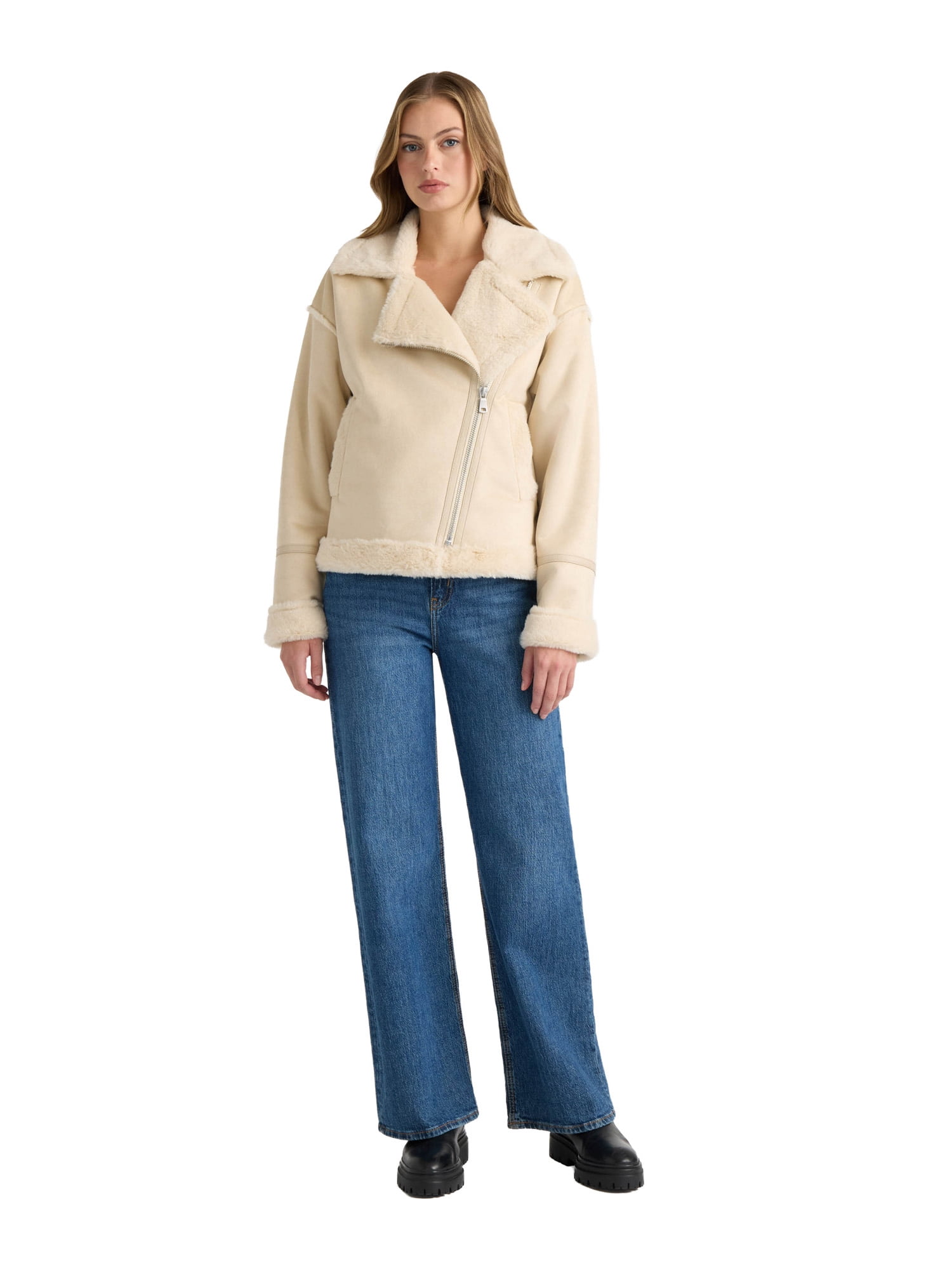 NOVELTI Womens Faux Shearling Short Zip Up Biker Jacket