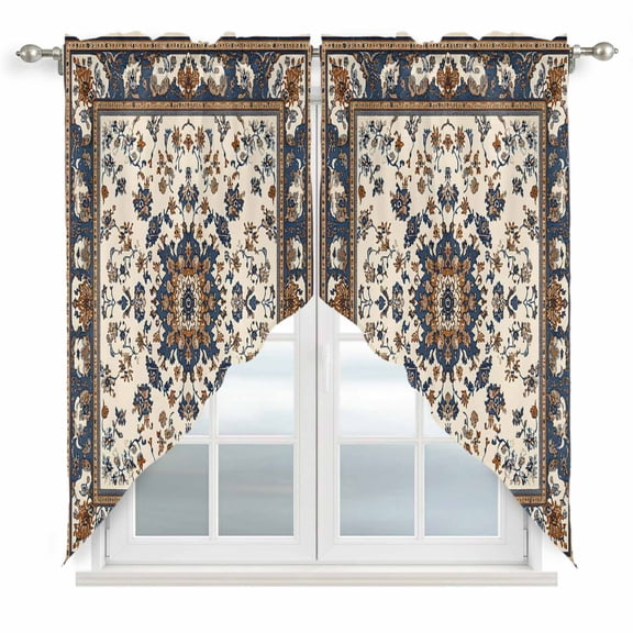 Swag Valance Curtains for Windows, Brown Blue Boho Light Filtering Kitchen Curtains with Rod Pocket, Southwestern Geometric Ethnic Art Window Treatment Valances for Living Room, 28x36 - 2 PCS