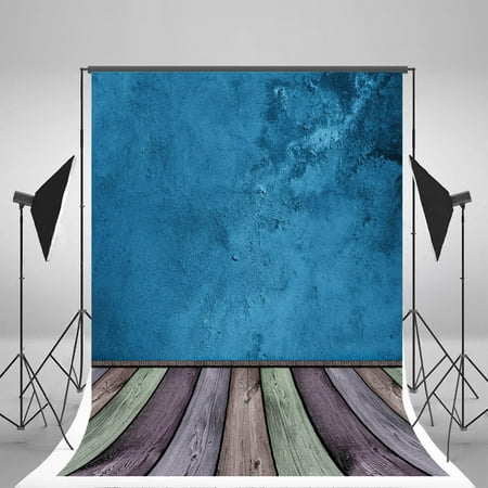 Image of GreenDecor 5x7ft Wooden Floor Photography Backdrop Retro Blue Paint Wall Photo Studio Background