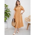 thumbnail image 3 of sicmoss Summer Women's Orange Striped Cotton Short Sleeve Shirt Dress Midi Long Relaxed Fit with Button-Down Collar, 3 of 4