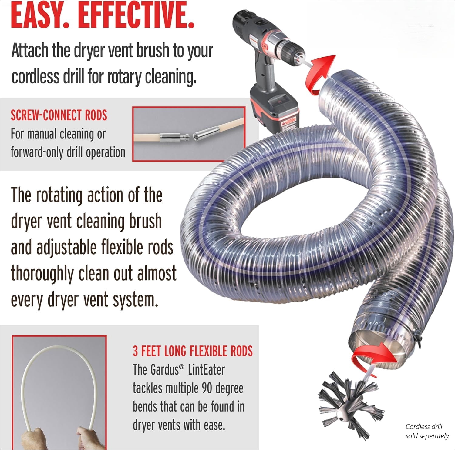 Dryer Vent Duct Cleaning Kit -  RLE202 LintEater Rotary Dryer Vent Cleaner Kit, Removes Lint, Dryer Vent Cleaning System Extends Up to 12’ with 4 Flexible 3' Rods, Air Duct Cleaning Tools