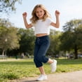 thumbnail image 3 of Miluxas Capris Pants for Girl Casual Summer Straight Wide Leg Loose Drawstring Elastic Waist Cropped Pants Dark Blue 11 Years, 3 of 8