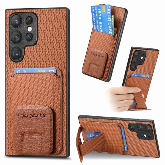 Magnetic Carbon Fiber Case for Samsung Galaxy S26 Ultra with Kickstand, Fiber Texture Wallet Phone Case with Card Holder, Military Grade Drop Protection Cover for Samsung Galaxy S26 Ultra, Brown