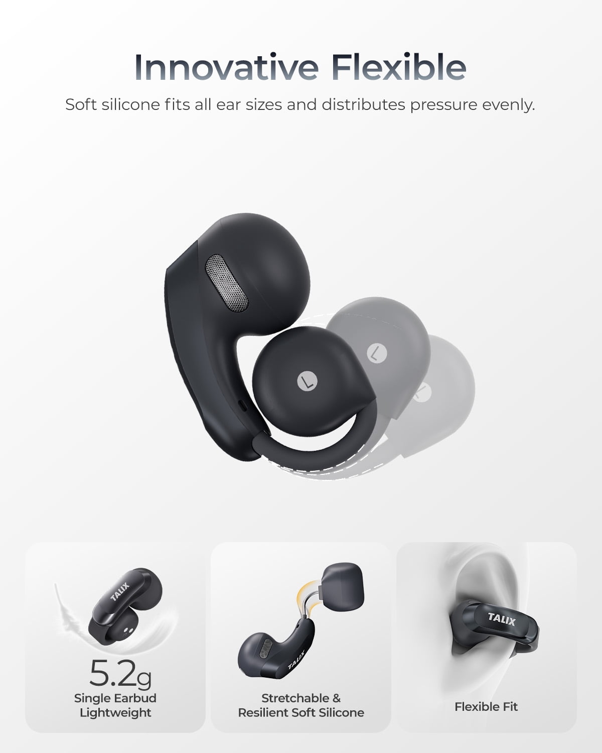 Ultra Open-Ear Earbuds,5.2g Clip-On Headphones,Clear Calls with 4 Mics,Stable Fit for Comfort,13.4mm Drivers for Powerful Bass,Open-Ring Design,Black