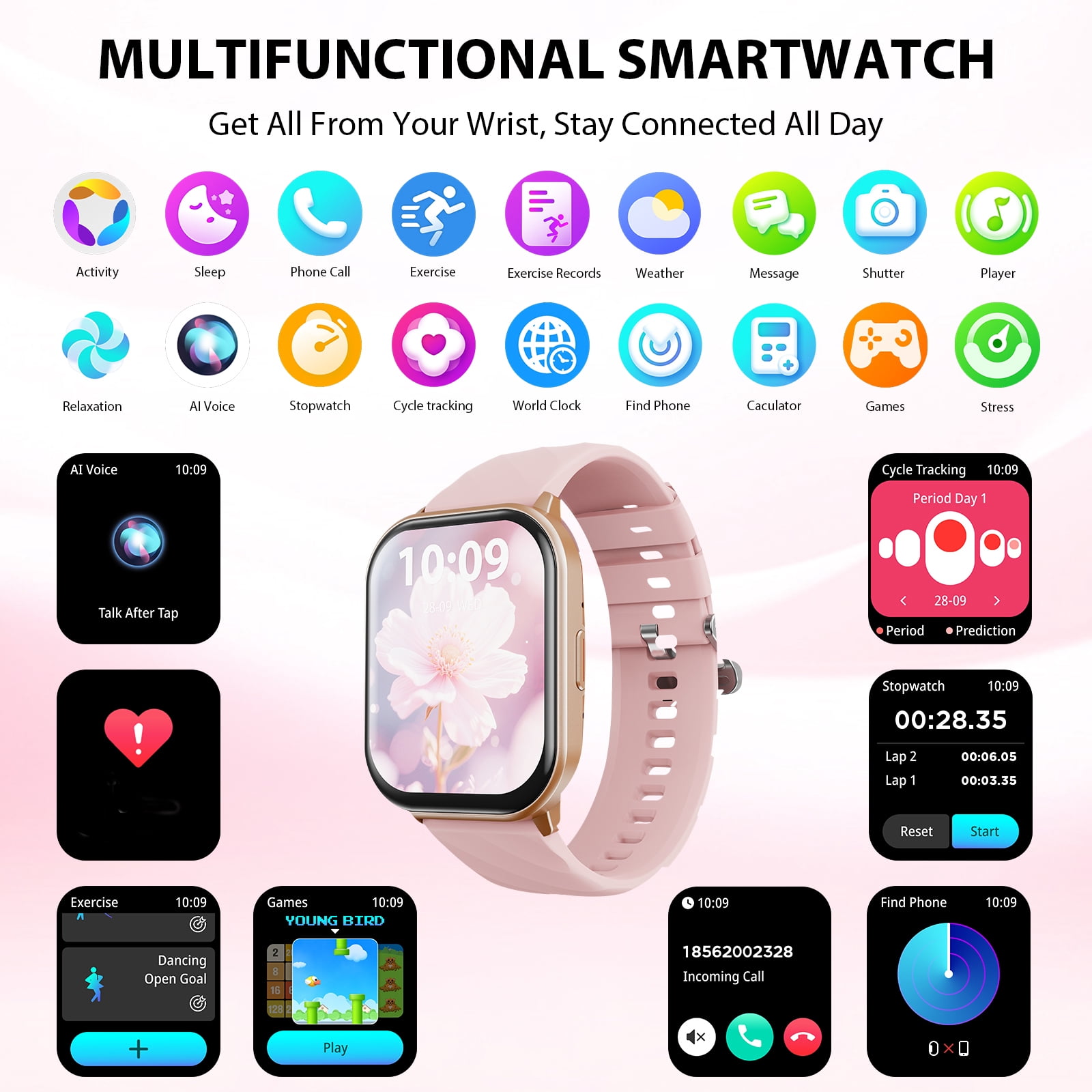 AUOSHI Smart Watch fits for Android & iPhone (Bluetooth Answer/Make Calls), 2.01 inch IP68 Waterproof Tracking Fitness, Sleep Monitor/Pedometer/Calories,Multiple Sports Modes,Pink