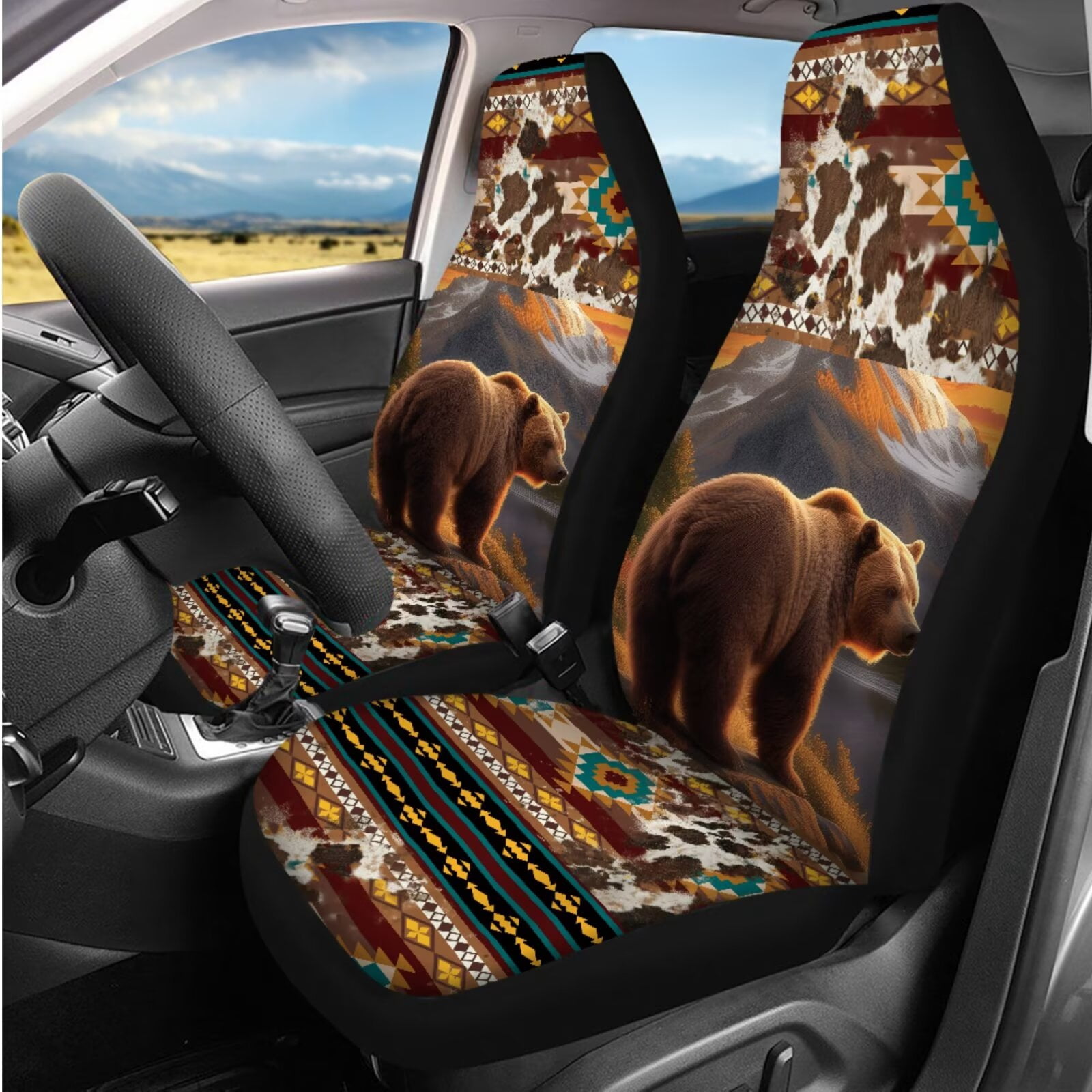 Binienty Aztec Brown Bear Automotive Seat Covers with 15 Inch Steering Wheel Cover Elastic Center Console Cushion Anti-Slip Seat Belt Pads 14 Piece Car Interior Decor Set