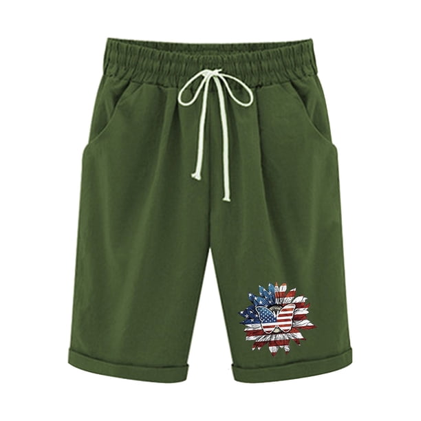 Pantalones Cortos Casuales para Mujer Día de la Independencia Impreso Elástico de la Cintura, Pantalones Cortos de Verano para Mujeres