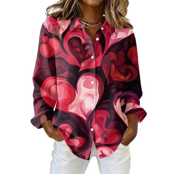 Kixjoy Long Sleeve Tops for Women Button Down Collared V Neck Shirt Valentine Lightweight Casual Tunic Tops Dressy Soft Graphic Tees, Wine L