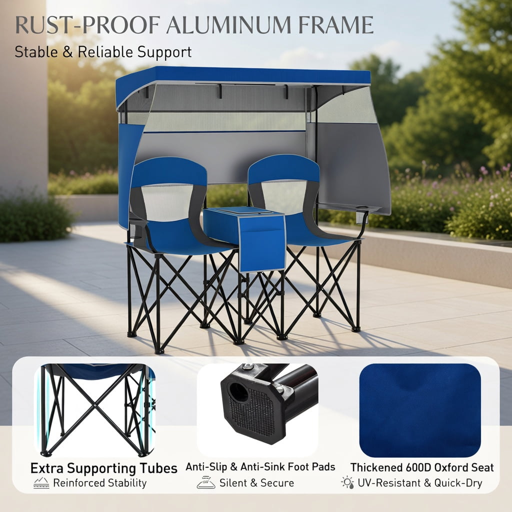 Hommoo Double Beach Chair with Adjustable UPF50+ Canopy, 3-Side Roll-Up Shade Curtains, Built-in Cooler Bag & Mesh Ventilation, Navy