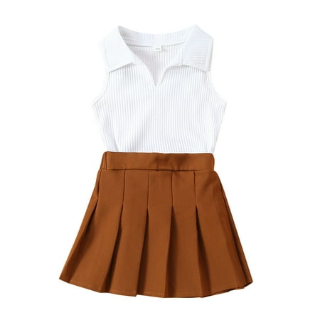

ZRBYWB KIds Toddler Baby Girls Clothes Sleeveless Solid Ribbed Vest Tops Pleated Skirt 2PCS Set