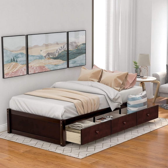 Harper & Bright Designs Twin Size Wood Platform Bed with 3 Drawers Storage Bed, Cherry