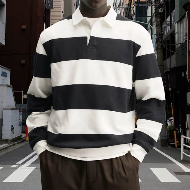 Ceisia Men's Contrast Wide-Stripe Polo Shirt | Stretchy Relaxed Long-Sleeve Casual Top Gift