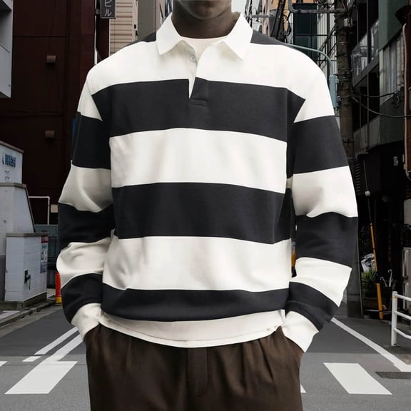 Ceisia Men's Contrast Wide-Stripe Polo Shirt | Stretchy Relaxed Long-Sleeve Casual Top Gift