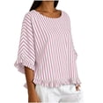 thumbnail image 4 of Qulqfy Crew Neck Womens Blouse Short Sleeve Striped Loose Casual Ruffle Boho Spring Summer Trendy Ladies Tops and Blouses Pink L, 4 of 8