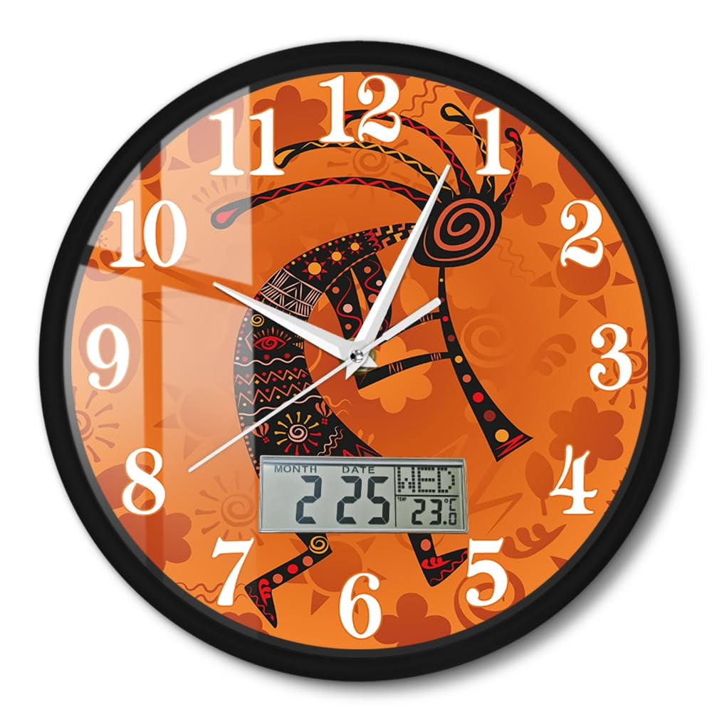 Kokopelli Tribal Art Wall Clock Integrated Digital LCD Panel Shows Temperature Calendar Date Week