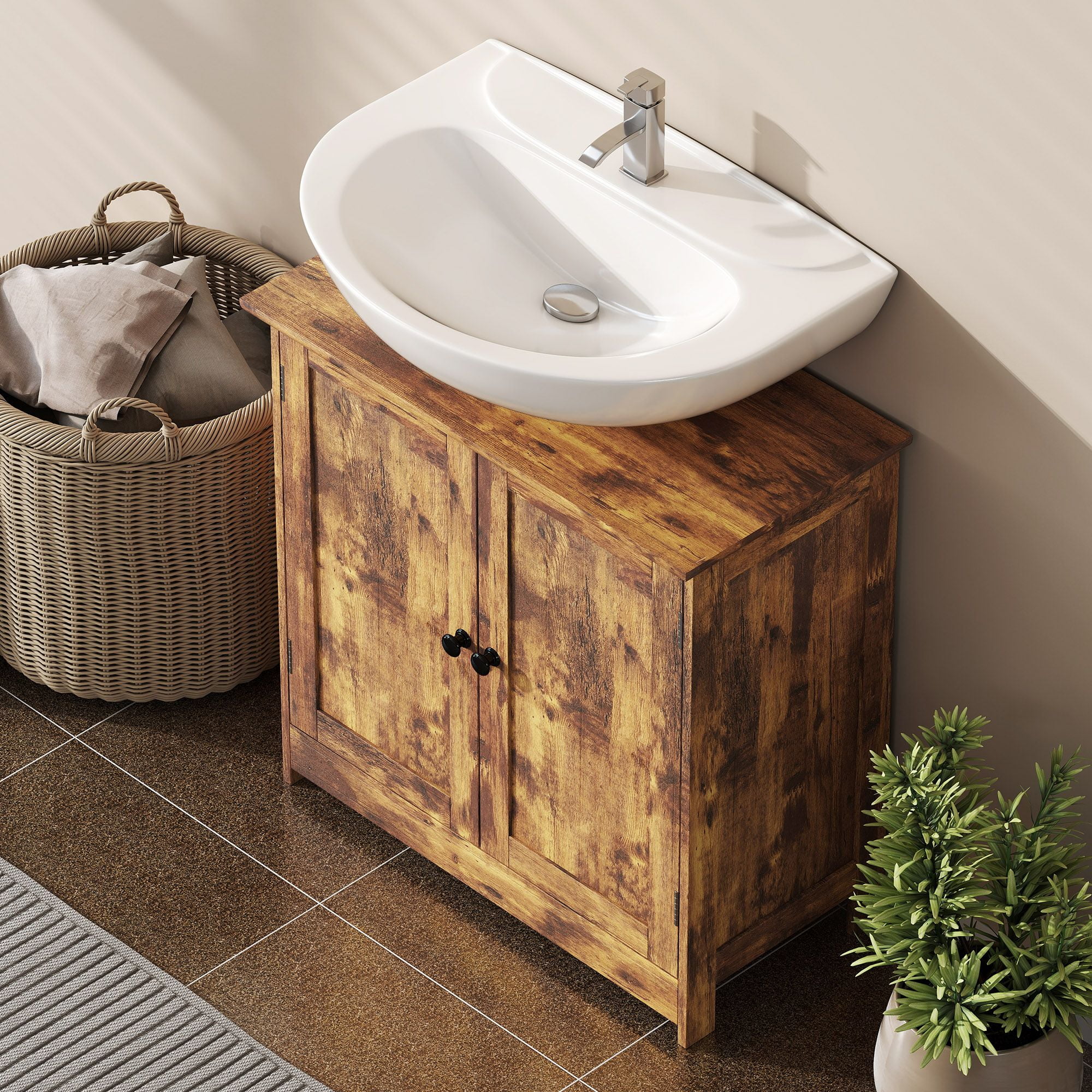 Bathroom Vanity Cabinet, Under Sink Organizer with Doors, Adjustable Shelf, Rustic Brown - Space Saving Bathroom Storage