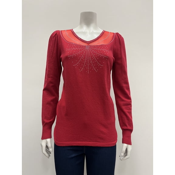 80 Park pull over long sleeve V neck Sweater , Red , S