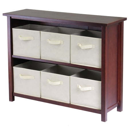 Winsome Wood Verona 7-Pc 2-Tier Storage Shelf with 6 Foldable Fabric Baskets  Walnut & Beige